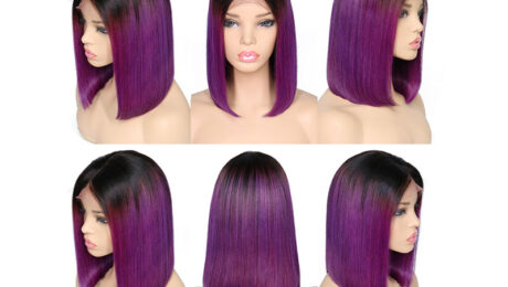 150% Density Human Hair Bob Style Lace Front Wigs Straight 1B Purple
