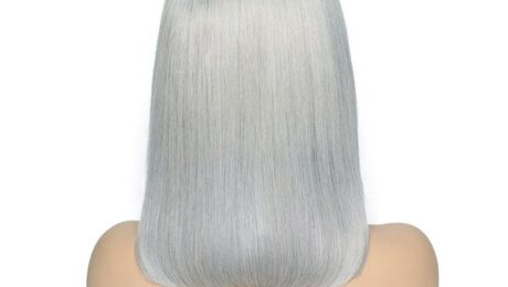 150% Density Human Hair Bob Style Lace Front Wigs Straight Gray (1)