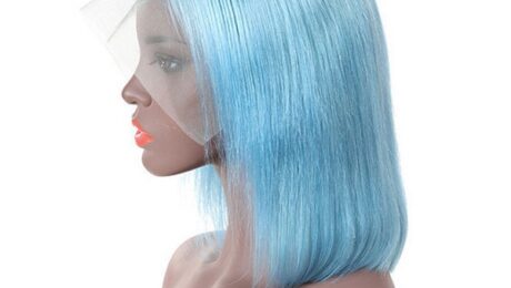 150% Density Human Hair Bob Style Lace Front Wigs Straight Light Blue (3)
